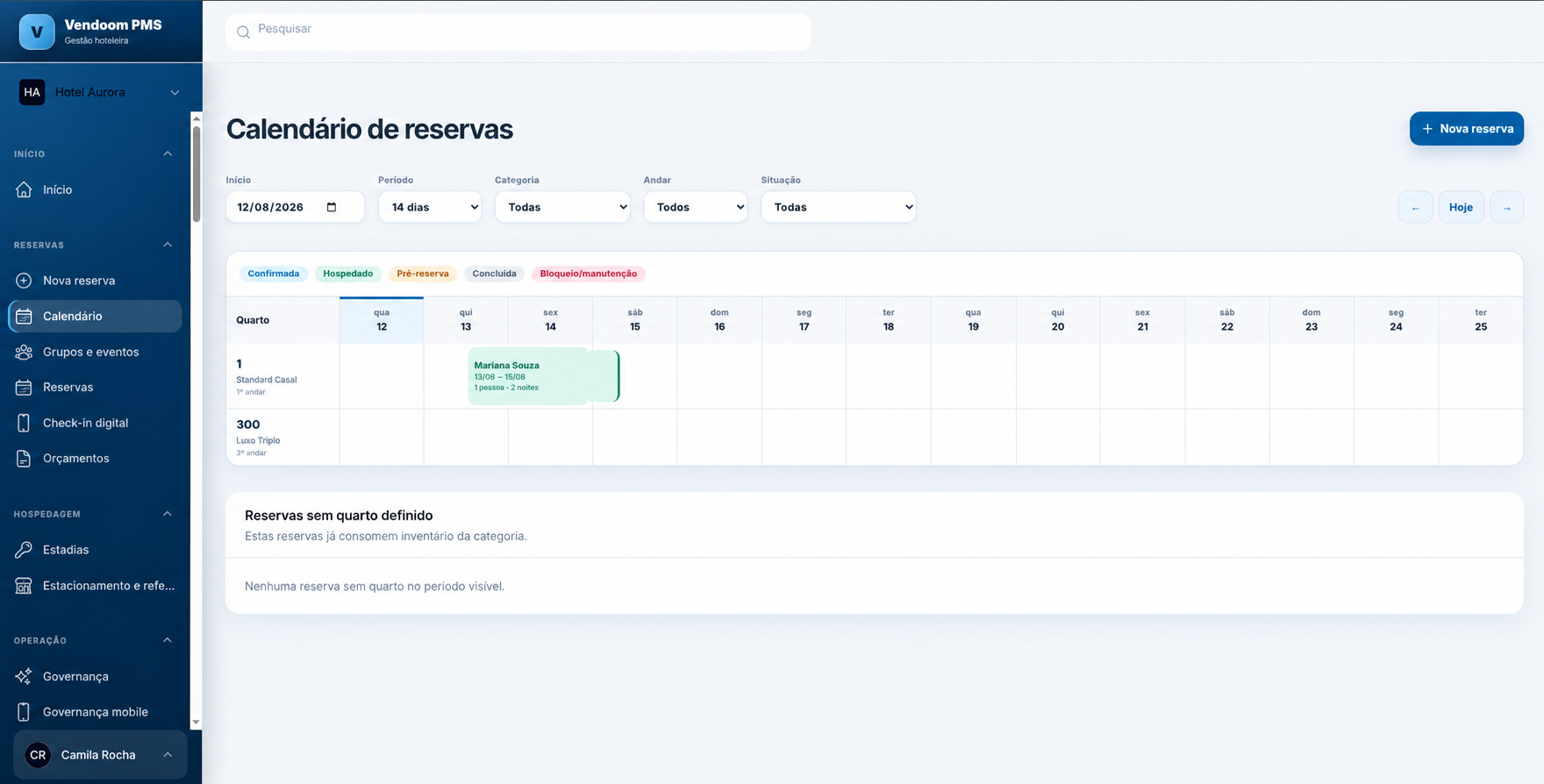 Calendário de reservas do Vendoom PMS com dados demonstrativos